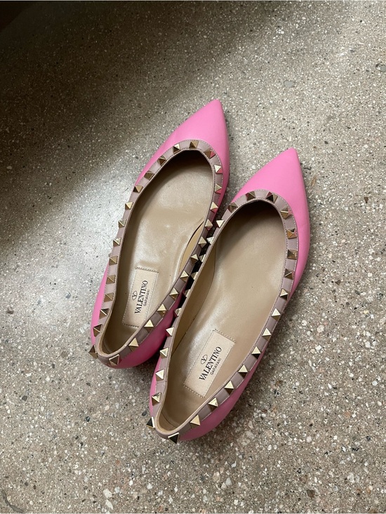 Valentino Shoes - Valentino Pink Rockstud Pointed Leather Flats with Gold Studs